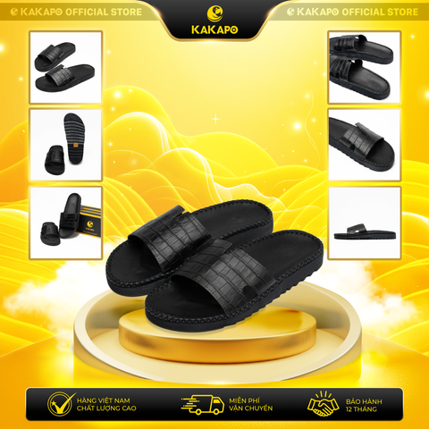 Dép nam quai ngang da bò thật KAKAPO DB008 Quai ĐEN VẰN - Chống trơn trượt, Hộp đựng cao cấp, Bảo hành 12 tháng