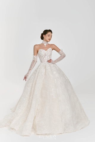 ARELIS - VLTX-768 LUXURY IVORY BALLGOWN BLING STRAPLESS SWEEP TRAIN DRESS