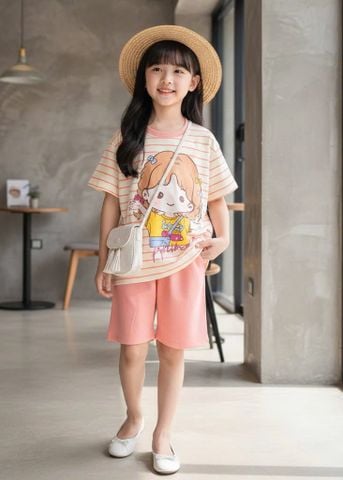  Bộ thun bé gái quần ngố áo sọc cài nơ 