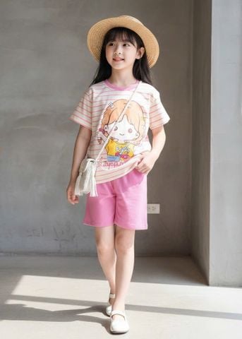  Bộ thun bé gái quần ngố áo sọc cài nơ 