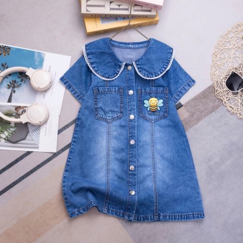  Đầm jean cổ sen 2 túi in ong 