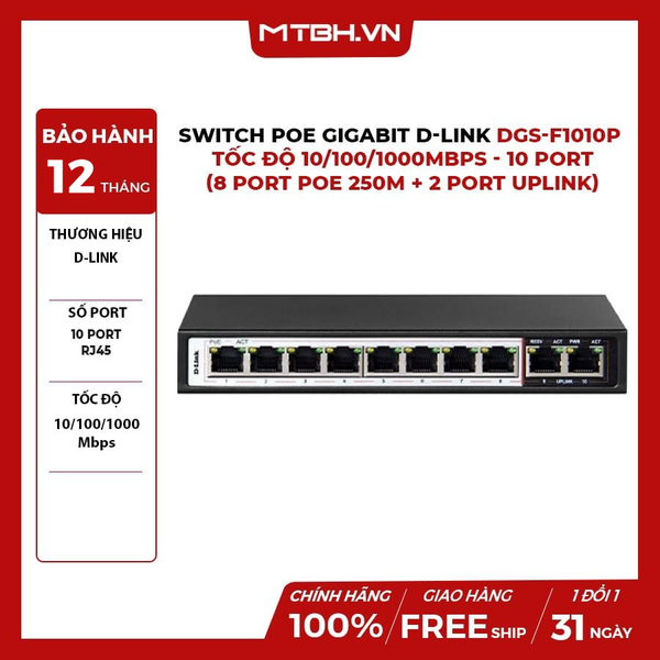 SWITCH POE GIGABIT D-LINK DGS-F1010P - TỐC ĐỘ 10/100/1000MBPS - 10 PORT (8 PORT POE 250M + 2 PORT UPLINK)