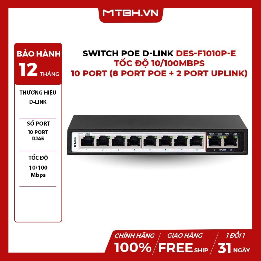 SWITCH POE D-LINK DES-F1010P-E - TỐC ĐỘ 10/100MBPS - 10 PORT (8 PORT P ...