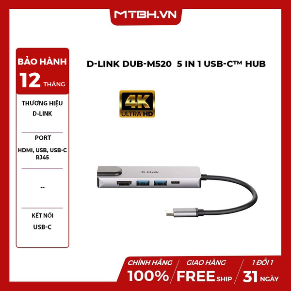 BỘ CHUYỂN ĐỔI 5 IN 1 D-LINK DUB-M520 - TYPE C RA TYPE C | USB 3.0 | LAN | HDMI