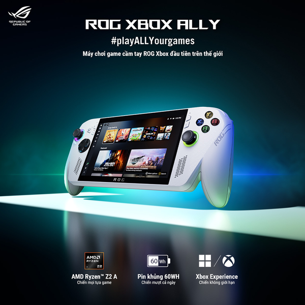 MÁY CHƠI GAME ASUS ROG XBOX ALLY RC73YA-NH002W 90NV00G1-M002N0 (AMD RYZEN Z2 A PROCESSOR | 16GB | 512GB | AMD RADEON GRAPHICS | 7 INCH FHD | WINDOWS 11 HOME | TRẮNG)