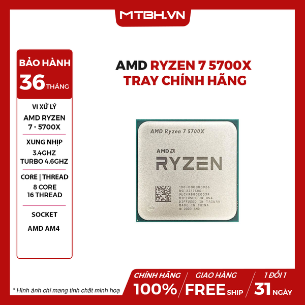 CPU AMD Ryzen 7 5700X (Up to 4.6GHz, 8 Cores 16 Threads) TRAY Chính Hãng