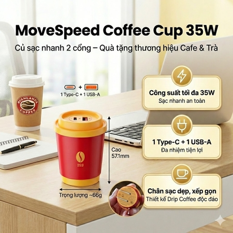 Củ sạc nhanh Movespeed Coffee Cup MSA06 | 35W | GaN | Đỏ
