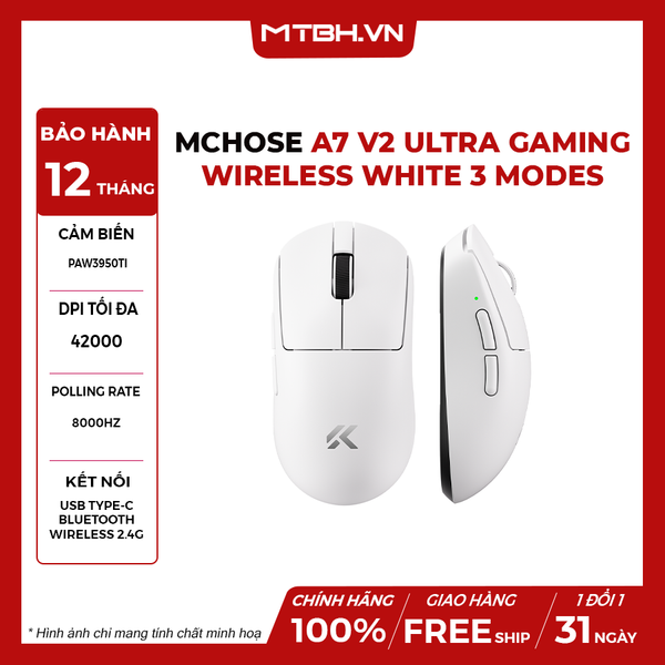 Chuột MCHOSE A7 V2 Ultra Gaming Wireless White 3 Modes
