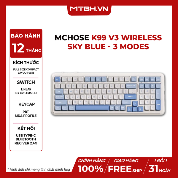 Bàn phím cơ MCHOSE K99 V3 Wireless - Sky Blue- 3 Modes