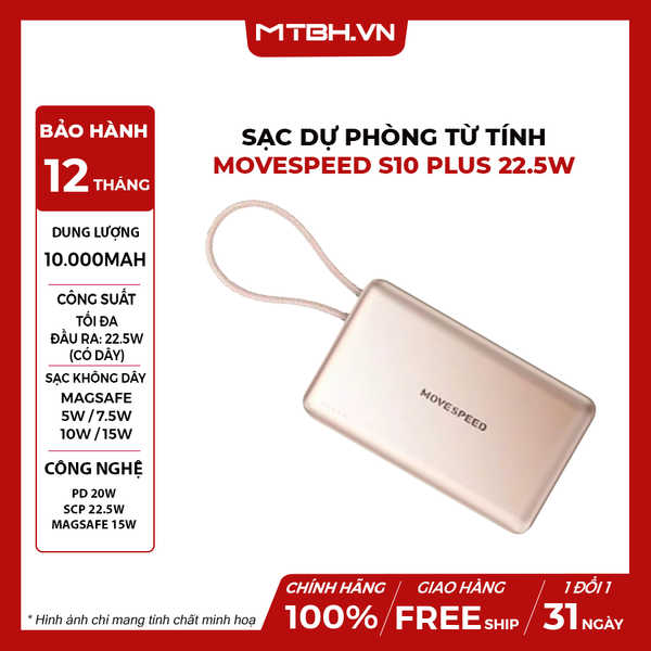 Sạc dự phòng từ tính Movespeed S10 PLUS 22.5W | 10000mAh | Tích hợp Type C | Vàng