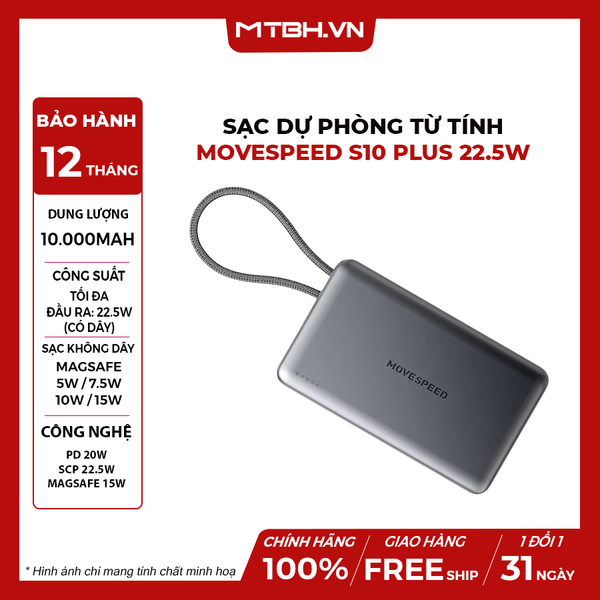 Sạc dự phòng từ tính Movespeed S10 PLUS 22.5W | 10000mAh | Tích hợp Type C | Xám