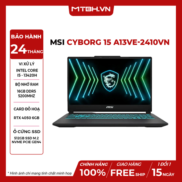 LAPTOP GAMING MSI CYBORG 15 A13VE-2410VN CORE I5-13420H | RTX 4050 6GB | 16GB RAM | 512GB SSD | 15.6' FHD 144Hz | Win 11