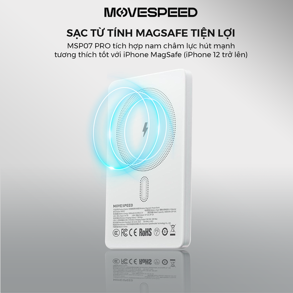 Sạc Dự Phòng Từ Tính Movespeed MSP07 PRO 20W 5000mAh | Tích hợp Type C | Công Nghệ Semi-solid Không Cháy Nổ