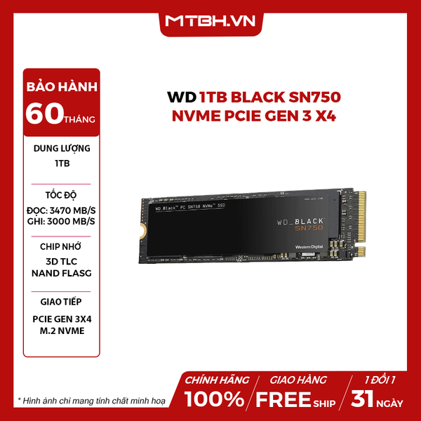 SSD WD 1TB Black SN750 NVMe PCIe Gen3 x4