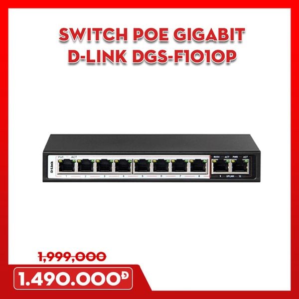 SWITCH POE GIGABIT D-LINK DGS-F1010P - TỐC ĐỘ 10/100/1000MBPS - 10 PORT (8 PORT POE 250M + 2 PORT UPLINK)
