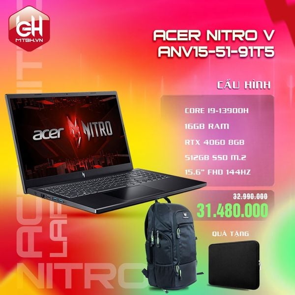 LAPTOP GAMING ACER NITRO V ANV15-51-91T5 CORE i9-13900H | RTX 4060 8GB | 16GB RAM | 512GB SSD | 15.6' FHD 144Hz | Win 11