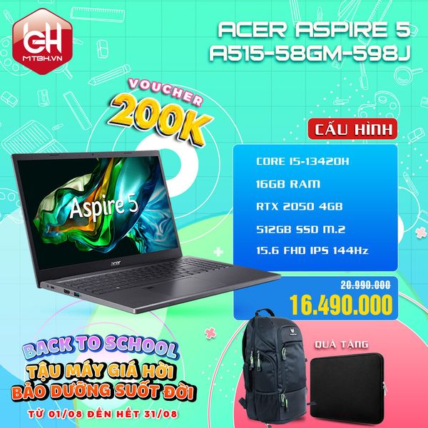 LAPTOP GAMING ACER ASPIRE 5 A515-58GM-598J CORE i5-13420H | RTX 2050 4GB | 16GB RAM | 512GB SSD | 15.6' FHD 144Hz | Win 11
