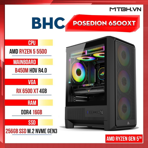 PC Gaming AMD BHC Posedion 6500XT Gen 5th ( Ryzen 5 5500 | RX 6500XT 4GB | 16GB | 256GB | A520 )