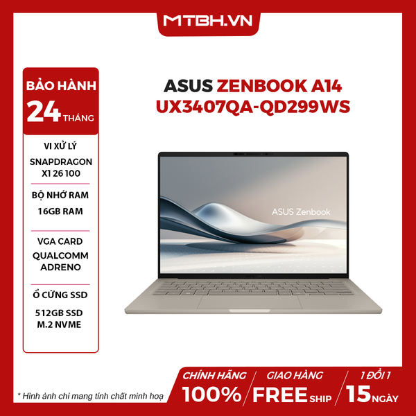 LAPTOP ASUS ZENBOOK A14 UX3407QA-QD299WS Snapdragon X1 26 100 | 16GB RAM | 512GB SSD| Qualcomm Adreno | 14' WUXGA OLED | Win 11