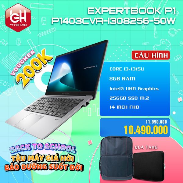 LAPTOP ASUS EXPERTBOOK P1 P1403CVA-i308256-50W CORE i3-1315U | 8GB RAM | 256GB SSD | Intel UHD Graphics | 14' FHD | Win 11