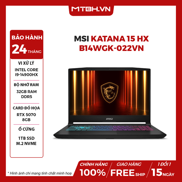 LAPTOP GAMING MSI KATANA 15 HX B14WGK-022VN Core i9-14900HX | RTX 5070 8GB | 32GB RAM | 1TB SSD | 15.6