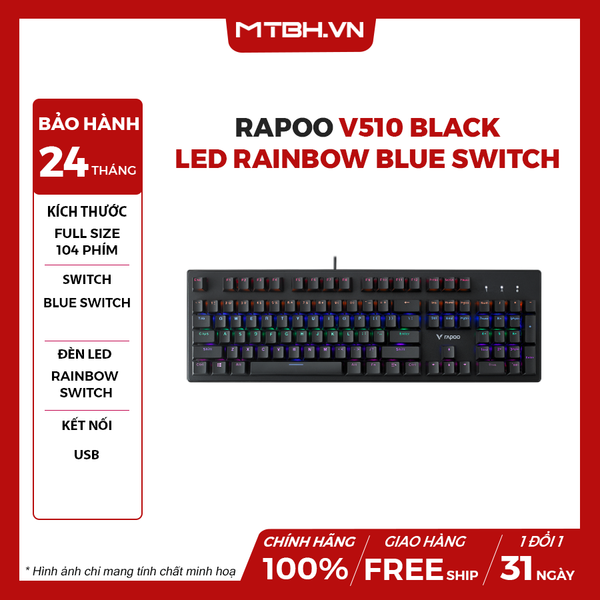 Bàn Phím Cơ Rapoo V510 Black Led Rainbow Blue Switch