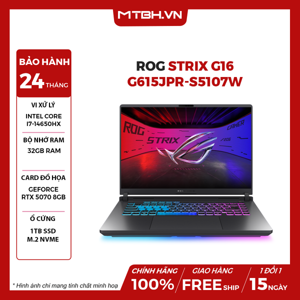 LAPTOP GAMING ASUS ROG STRIX G16 G615JPR-S5107W CORE i7-14650HX | RTX 5070 8GB | 32GB RAM | 1TB SSD | 16' WQXGA 240Hz 100% DCI-P3 | Win 11
