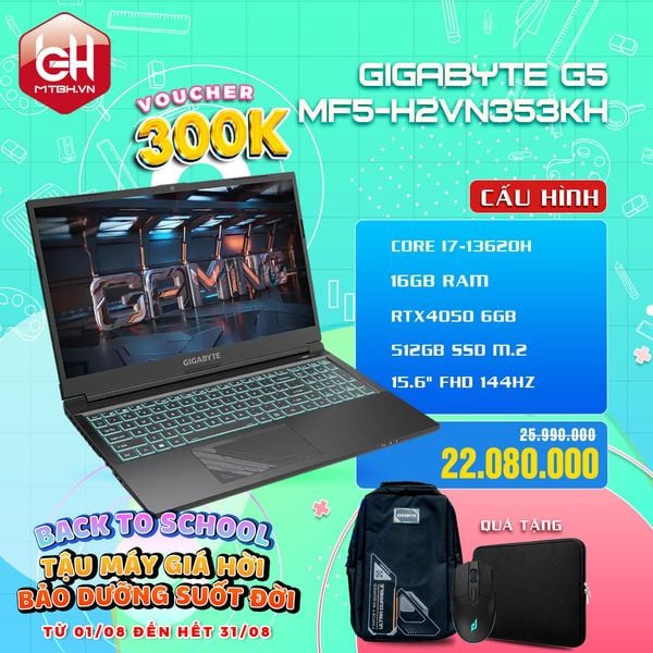 LAPTOP GAMING GIGABYTE G5 MF5-H2VN353KH CORE i7-13620H | RTX4050 6GB | 16GB RAM | 512GB SSD | 15.6