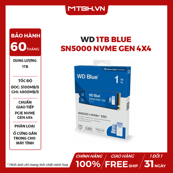 SSD WD 1TB Blue SN5000 NVMe Gen 4x4 (Đọc : 5100Mb/s)