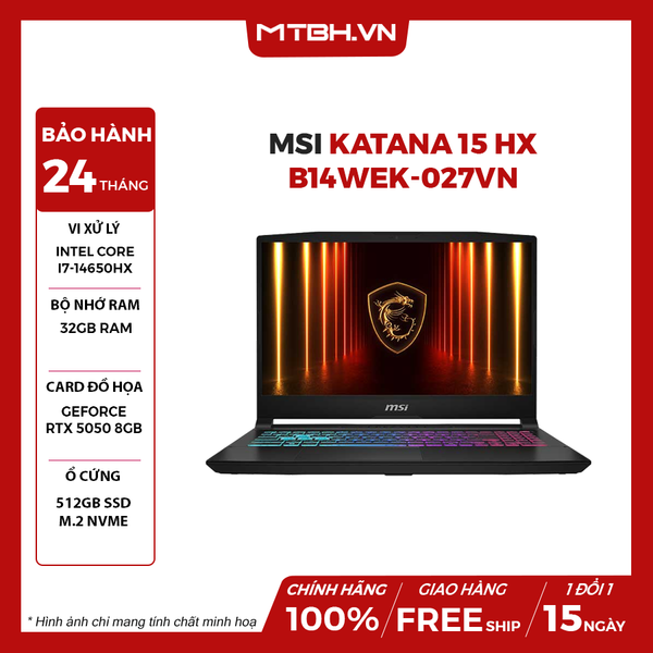 LAPTOP GAMING MSI KATANA 15 HX B14WEK-027VN CORE i7-14650HX | RTX 5050 8GB | 32GB RAM | 512GB SSD | 15.6
