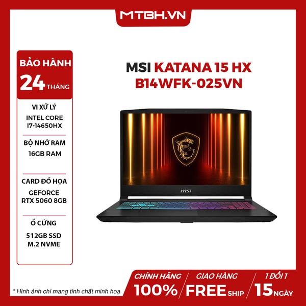 LAPTOP GAMING MSI KATANA 15 HX B14WFK-025VN CPU i7-14650HX | RTX 5060 8GB | 16GB RAM | 512GB SSD | 15.6