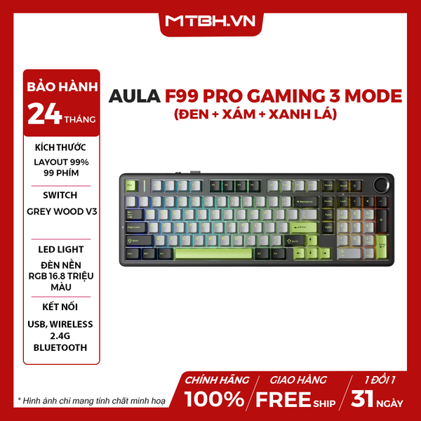 Bàn Phím Cơ AULA F99 PRO (Đen + Xám + Xanh lá/ Grey Wood V3 switch)