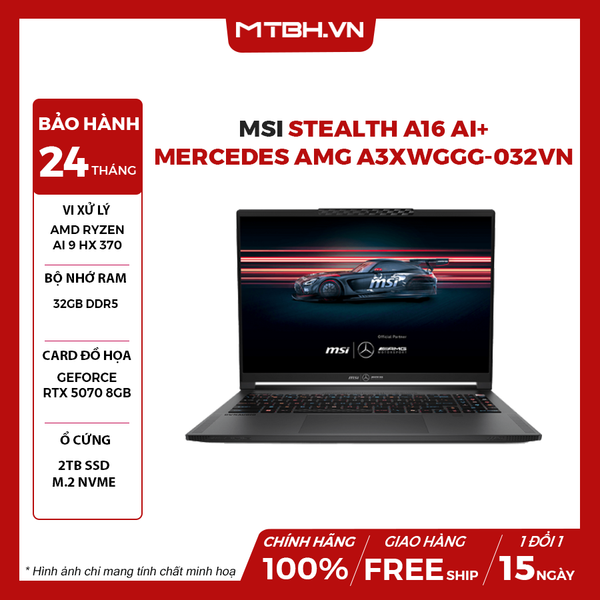LAPTOP MSI STEALTH A16 Al+ MERCEDES AMG A3XWGGG-032VN RYZEN Al 9 HX 370 | RTX 5070 8GB | 32GB RAM | 2TB SSD | 16