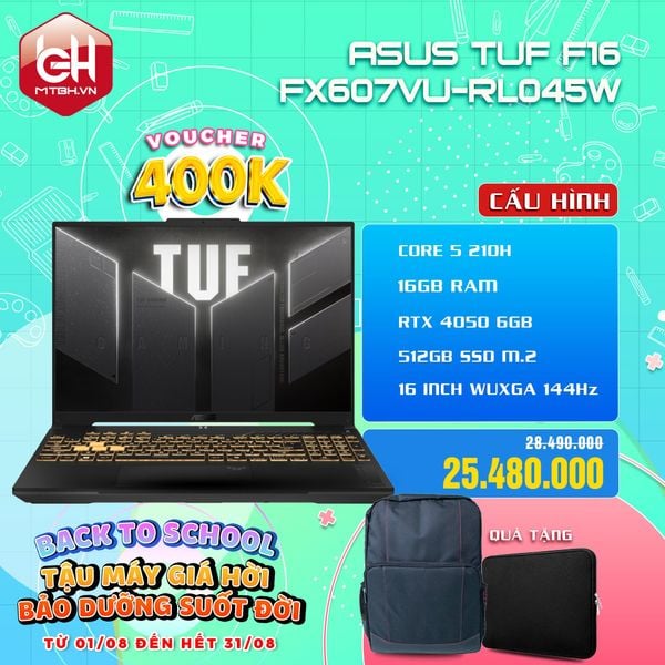 LAPTOP GAMING ASUS TUF F16 FX607VU-RL045W CORE 5 210H | RTX 4050 6GB | 16GB RAM | 512GB SSD | 16