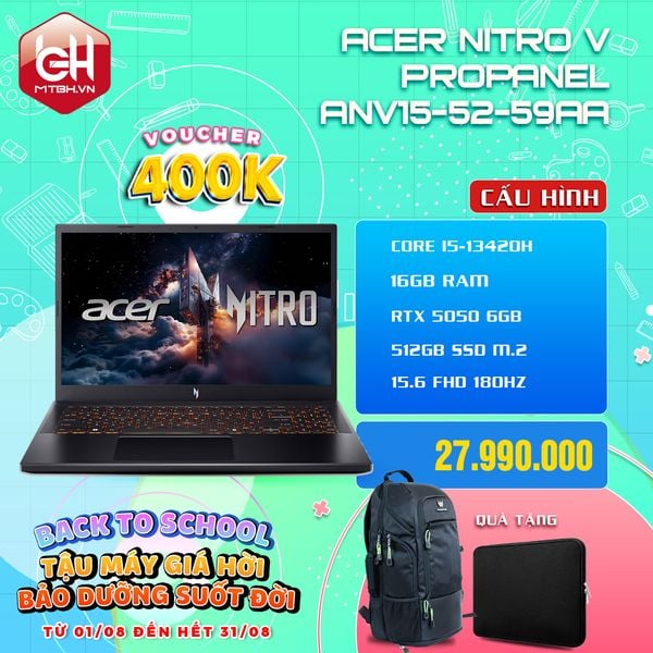 LAPTOP GAMING ACER NITRO V PROPANEL ANV15-52-59AA CORE i5-13420H | RTX 5050 6GB | 16GB RAM | 512GB SSD | 15.6' FHD 180Hz 100% sRGB | Win 11