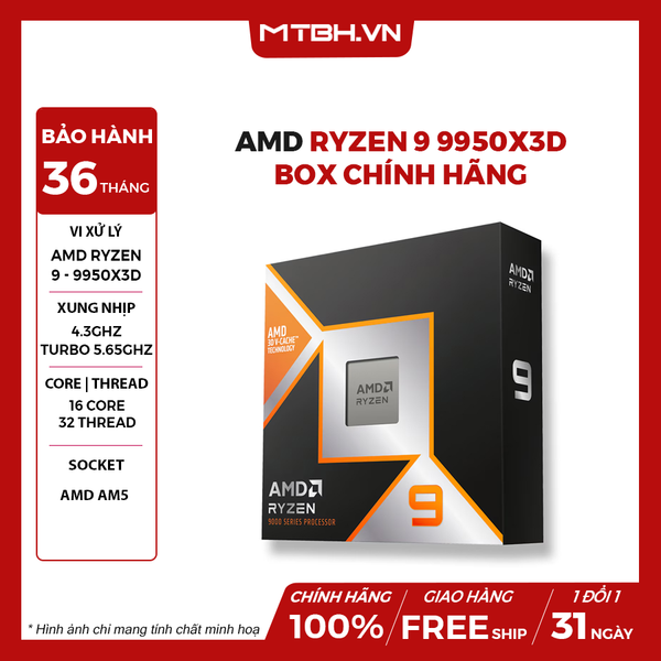 CPU AMD Ryzen 9 9950X3D ( 16 NHÂN 32 LUỒNG / Turbo 5.7 GHz / 144MB / Radeon Graphics ) BOX CHÍNH HÃNG