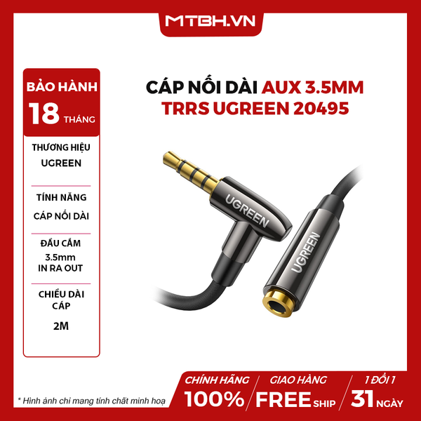 Cáp nối dài âm thanh AUX 3.5mm TRRS bẻ bóc 90 độ dài 2M Ugreen 20495 (Hỗ trợ MIC)