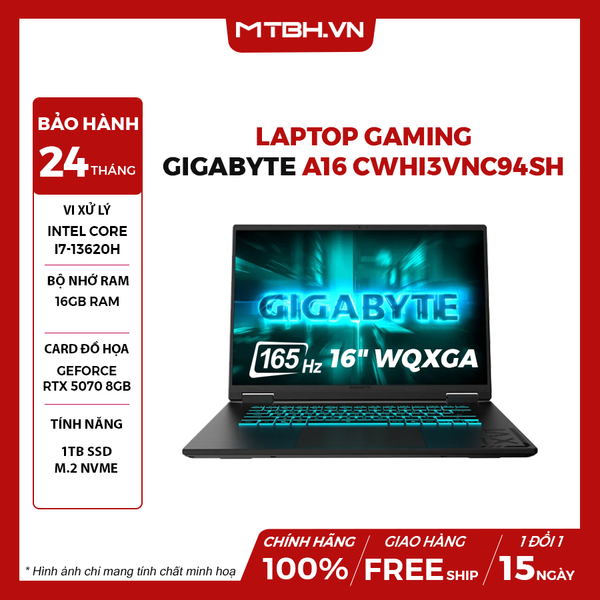 LAPTOP GAMING GIGABYTE A16 CWHI3VNC94SH CORE i7-13620H | RTX 5070 8GB | 16GB RAM | 1TB SSD | 16' WQXGA 165Hz | Win 11