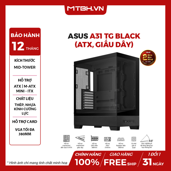 CASE ASUS A31 TG BLACK (ATX, Giấu Dây)