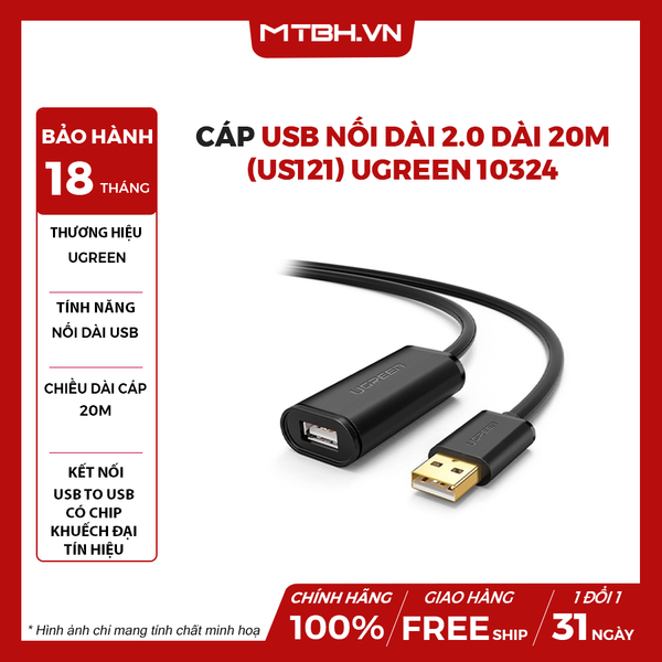 Cáp USB Nối Dài 2.0 Dài 20m Có Chíp Khuếch Đại (US121) Ugreen 10324