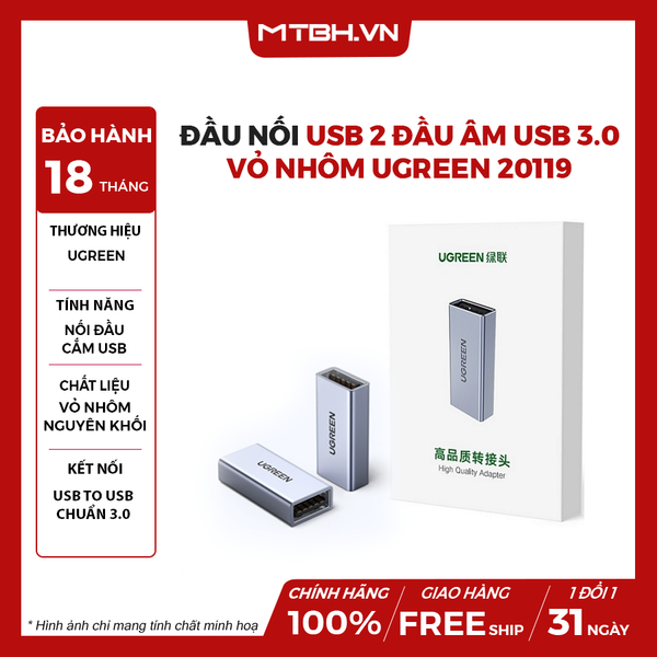 Đầu nối USB 2 đầu âm USB 3.0 vỏ nhôm Ugreen 20119
