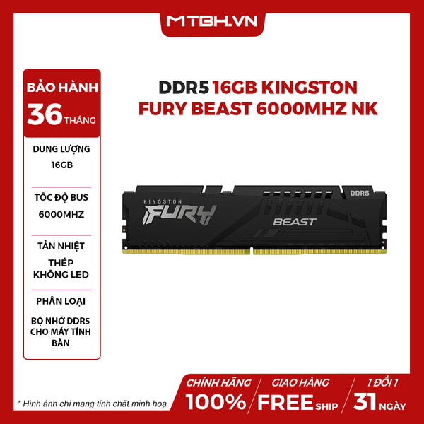 Ram DDR5 16GB Kingston Fury Beast 6000Mhz