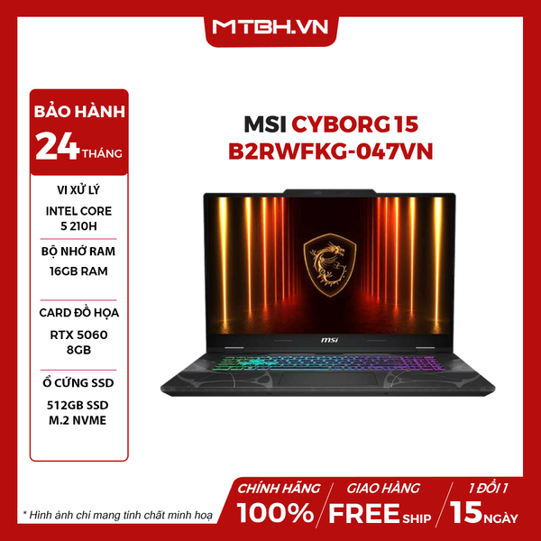 LAPTOP GAMING MSI CYBORG 15 B2RWFKG-047VN CORE 5 210H | RTX 5060 8GB | 16GB RAM | 512GB SSD | 15.6