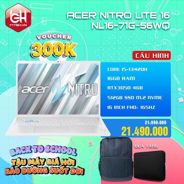 LAPTOP GAMING ACER NITRO LITE 16 NL16-71G-56WQ Core i5-13420H | RTX3050 4GB | 16GB RAM | 512GB SSD | 16