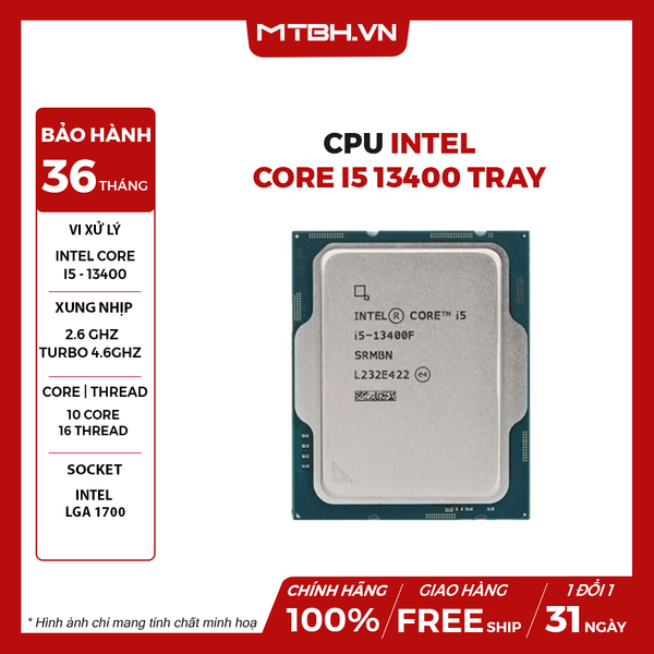 CPU Intel Core i5 13400 (Up To 4.60GHz, 10 Nhân 16 Luồng,20MB Cache, Raptor Lake) 13TH TRAY BH 36 THÁNG