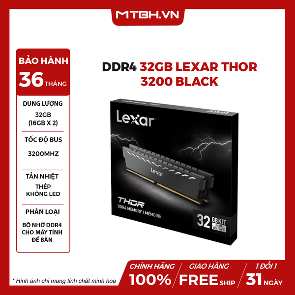 Ram DDR4 32GB Lexar Thor (2X16GB) 3200Mhz TẢN NHIỆT THÉP