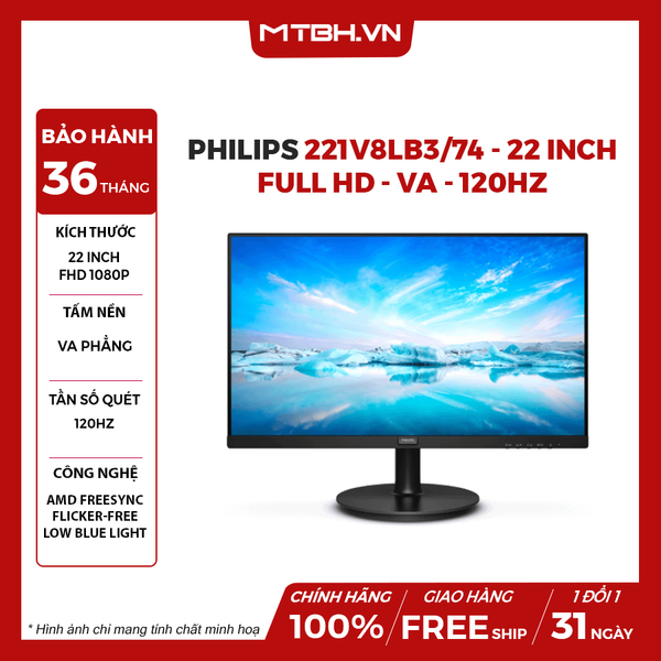 Màn Hình Philips 221V8LB3/74 22 inch, Full HD, VA, 120Hz, 4ms
