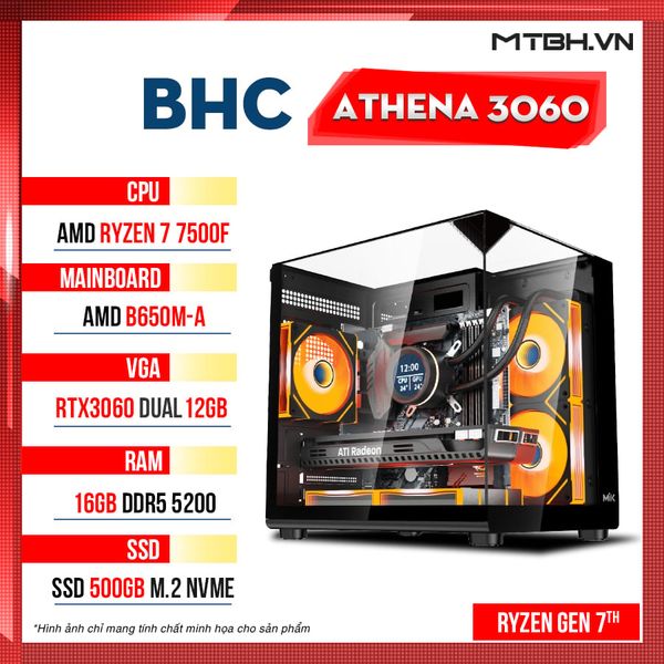 PC Gaming AMD BHC Athena Gen 7th 5060 ( Ryzen 5 7500F| RTX 3060 12G |16GB DDR5 | 500GB | B650M )
