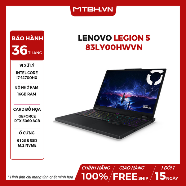 LAPTOP GAMING LENOVO LEGION 5 83LY00HWVN CORE i7-14700HX | RTX 5060 8GB | 16GB RAM | 512GB SSD | 15.1