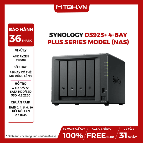THIẾT BỊ LƯU TRỮ MẠNG SYNOLOGY DS925+ 4-BAY PLUS SERIES MODEL (UP TO 9-BAY) WITH AMD RYZEN V1500B (4-CORE), 4 GB DDR4, 3Y WTY_DS925+